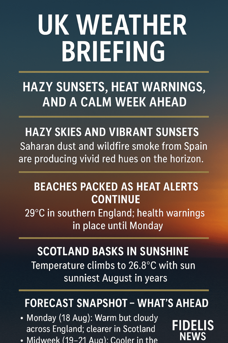 UK Weather Briefing: Hazy Sunsets, Heat Warnings, and a Calm Week Ahead