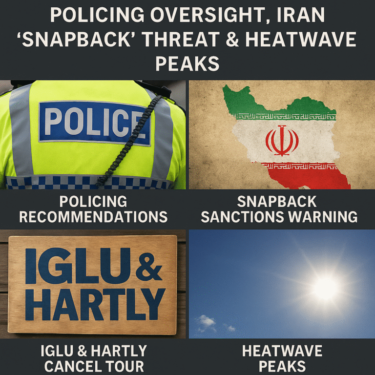 UK Midday Brief: Policing Oversight, Iran ‘Snapback’ Threat & Heatwave Peaks