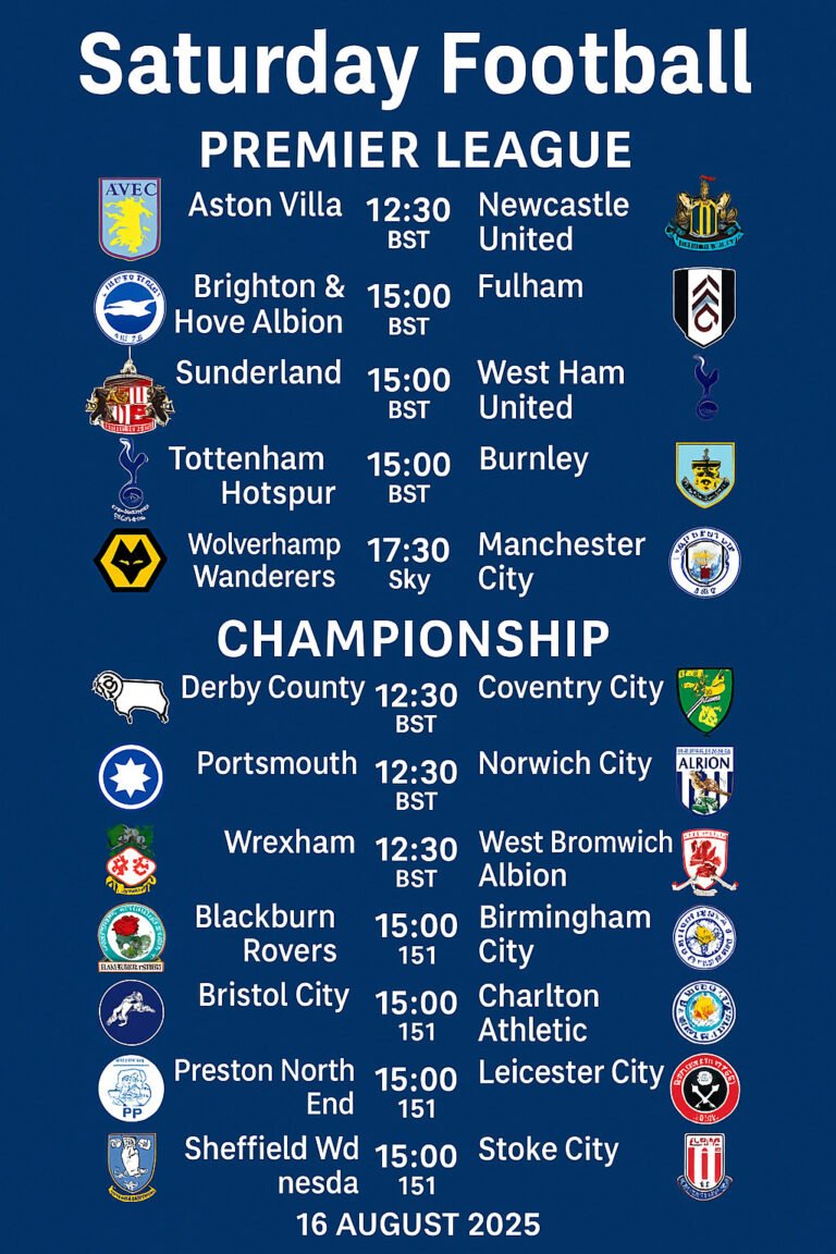 Saturday Football Look-Ahead: Premier League & Championship Fixtures (16 August 2025)
